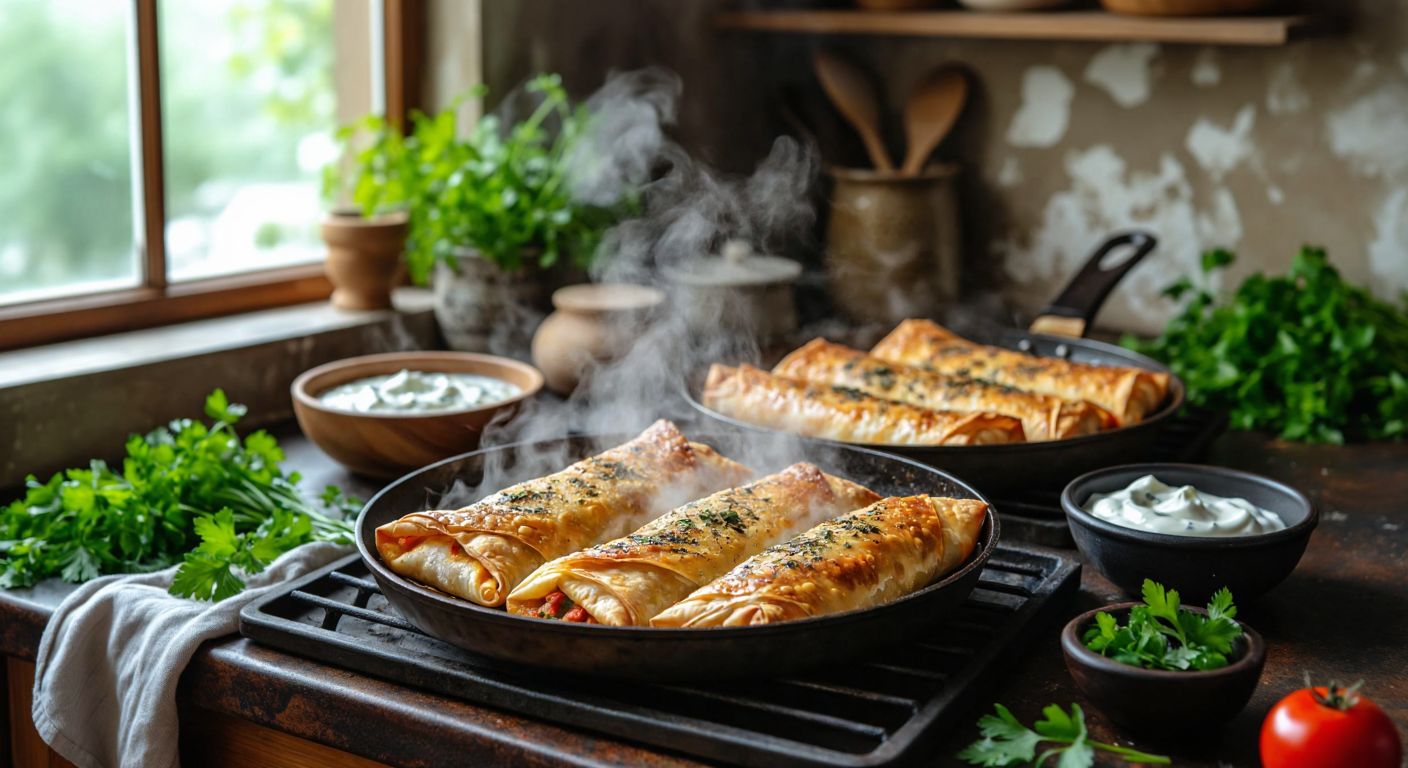 A golden-brown **paçanga böreği** sizzling in a pan next to a crisp, oven-baked version on a tray, with steam rising from both, set on a rustic Turkish kitchen counter with fresh herbs and a bowl of yogurt nearby.