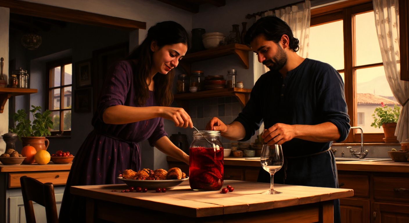 A Turkish woman in a cozy kitchen carefully flips a glass jar of homemade preserves upside down while a man at a wooden dining table swirls a wine glass, its deep red liquid catching the warm light.
