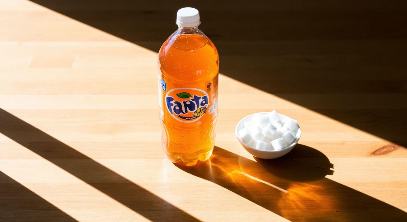 A chilled 2.5-liter bottle of Fanta Orange sits on a sunlit wooden table, condensation glistening, with a small bowl of sugar cubes beside it to visually represent the sweetness.