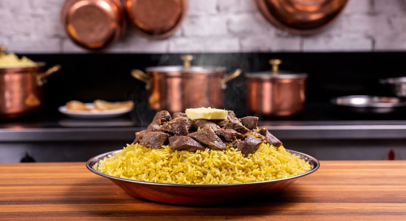 A steaming plate of golden rice topped with tender, sautéed lamb liver, garnished with melted butter, placed on a rustic wooden table in a Turkish kitchen with copper pots hanging in the background.