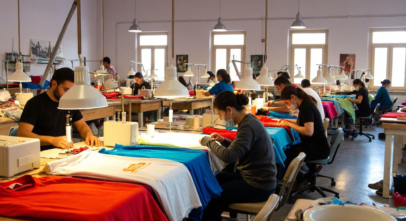 A bustling Turkish textile workshop with workers stitching colorful promotional t-shirts and sewing sturdy canvas bags under warm hanging lights.