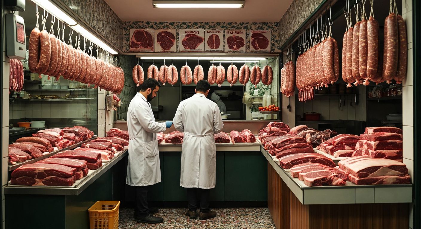 A bustling Turkish butcher shop with neatly arranged cuts of meat, fresh sausages hanging, and a veterinarian in a white coat inspecting a side of beef, while farmers deliver livestock outside.