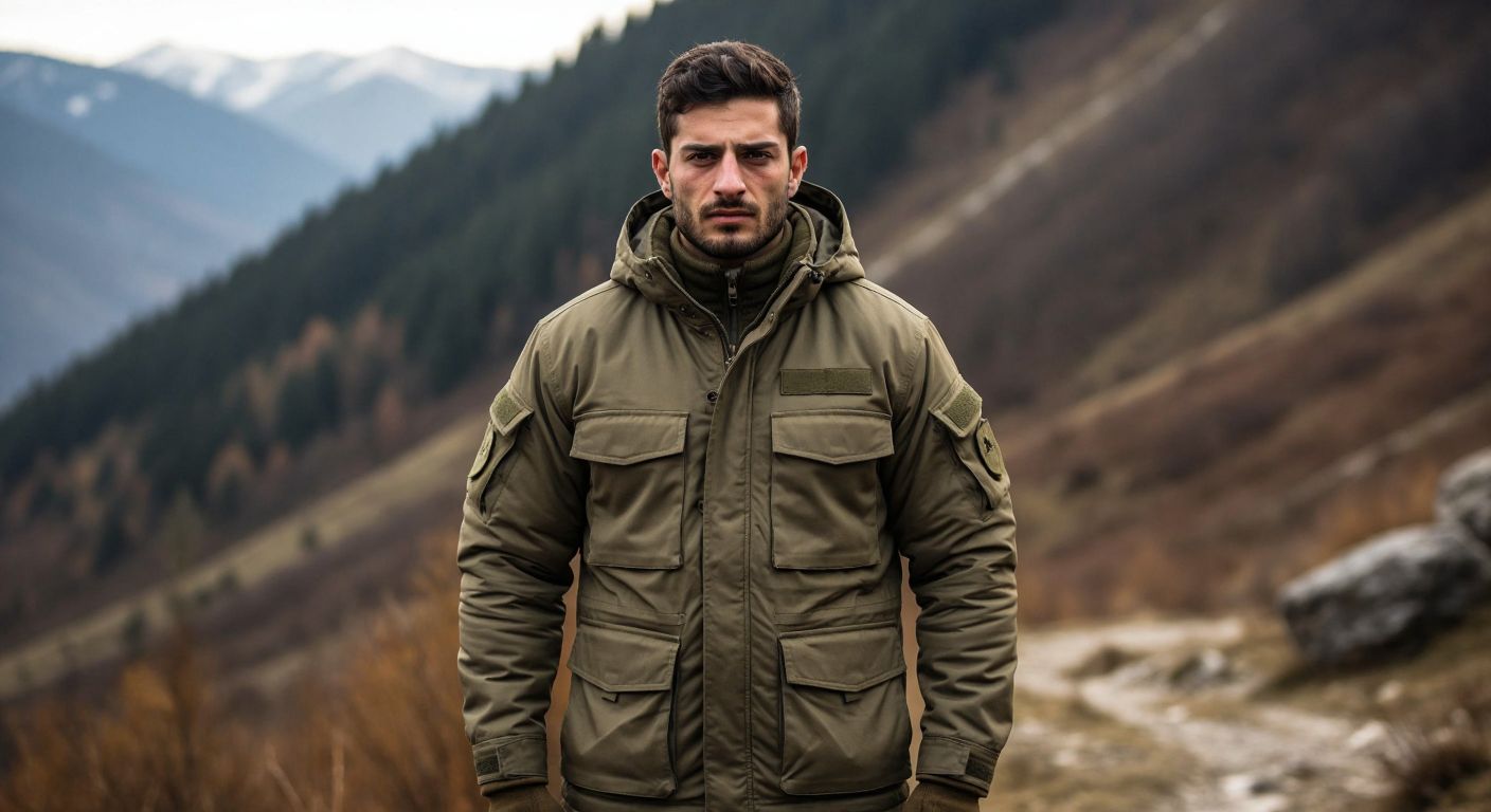 A Turkish soldier in rugged terrain wears a durable, olive-green military polar jacket with multiple pockets, an adjustable hood, and waterproof seams, standing confidently in cold weather.