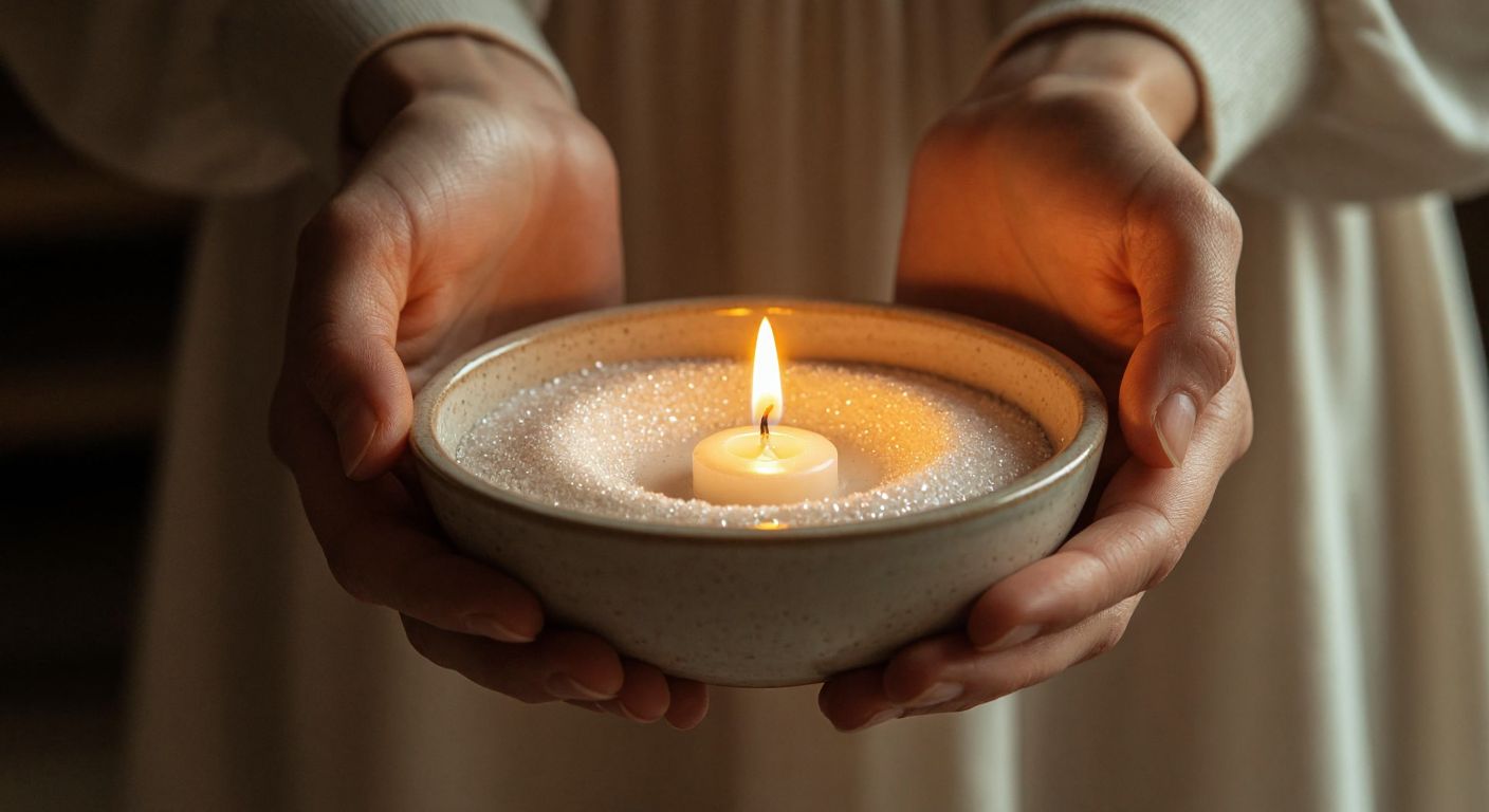 A pair of hands carefully pouring pearlescent white powder into a small ceramic bowl, with a candle wick centered in the mixture and warm golden light reflecting off the powdery surface.