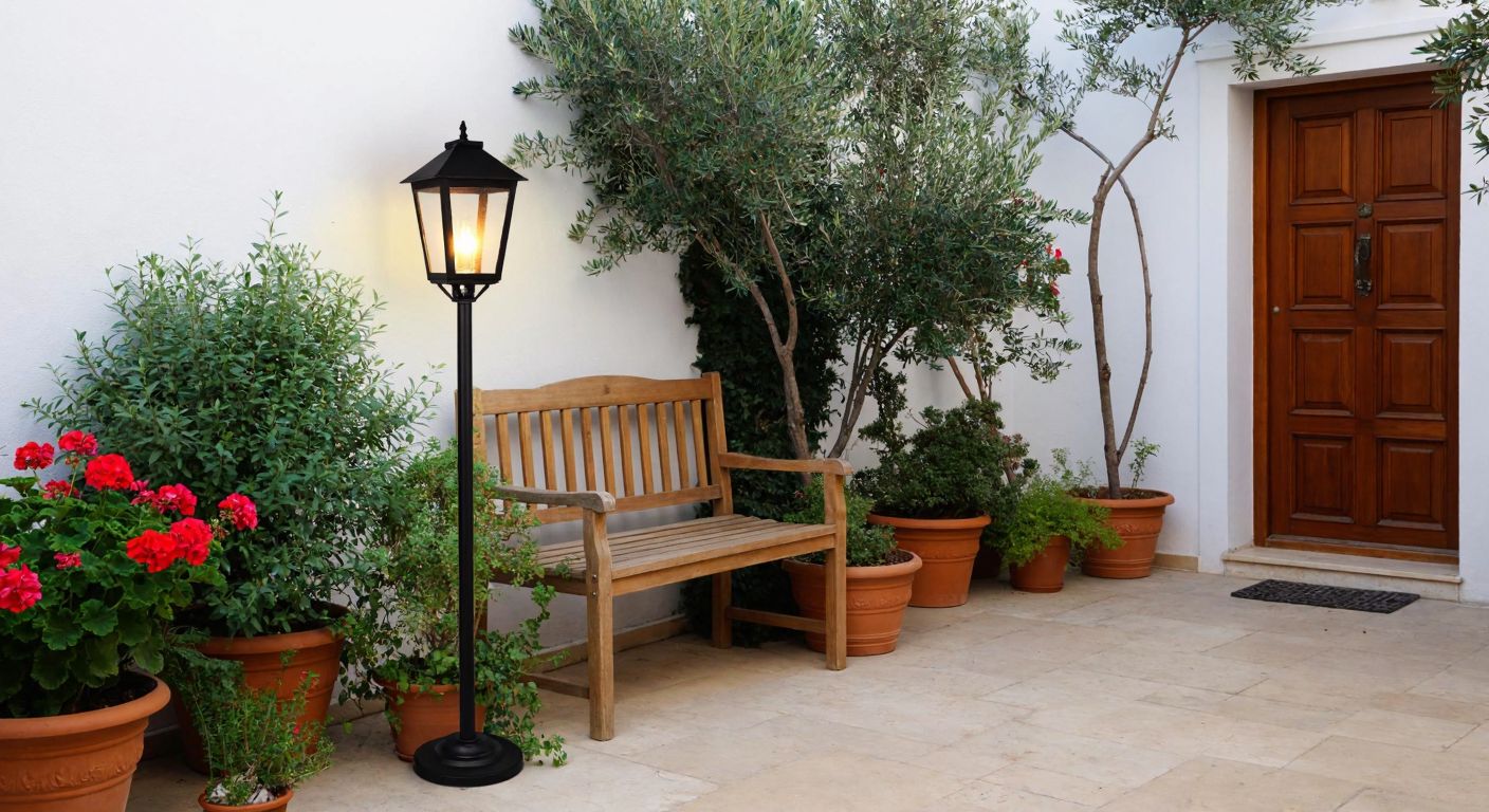 A rustic wrought-iron floor lamp with a warm white glow stands beside a wooden garden bench in a lush Turkish courtyard, surrounded by potted geraniums and olive trees.