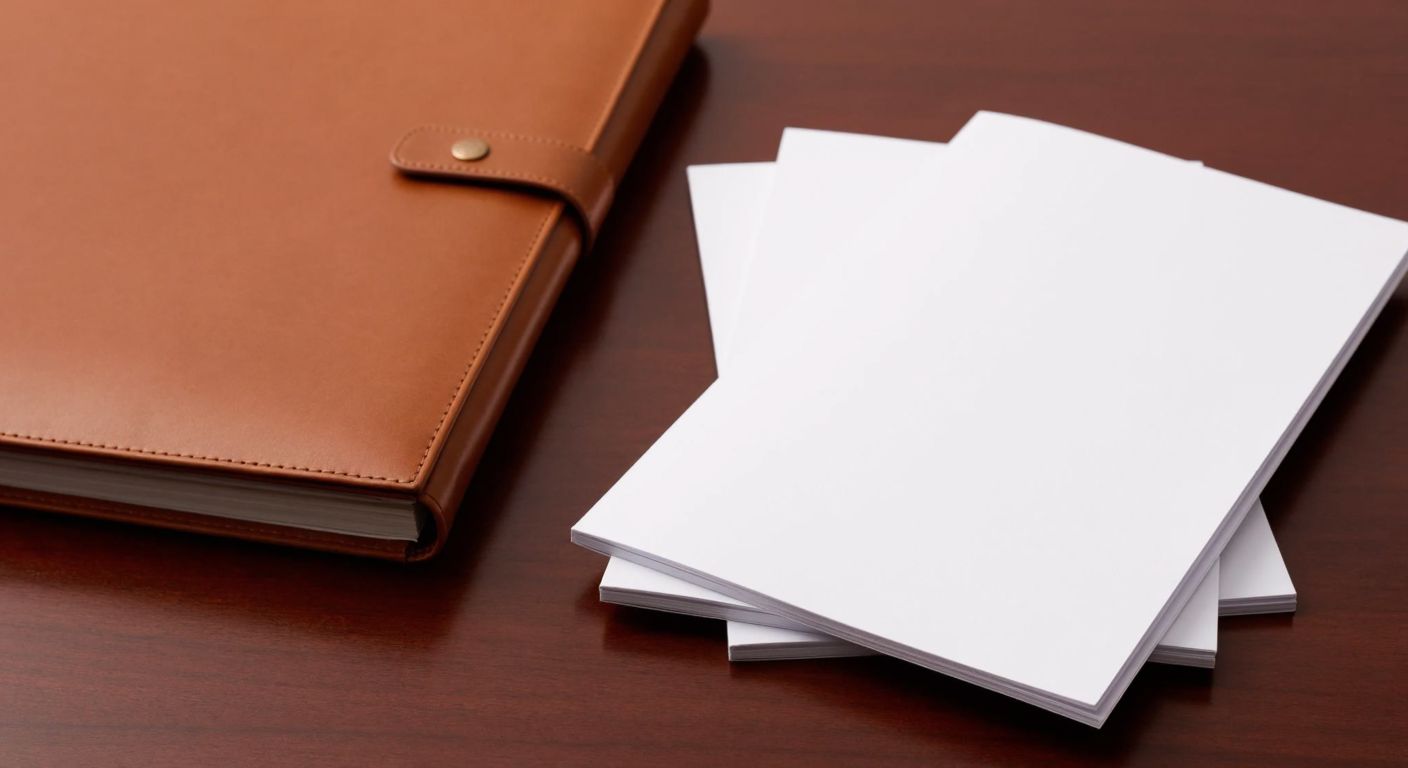 A neatly stacked pair of blank white papers on a wooden desk, with a professional leather folder beside them, symbolizing a concise and well-prepared Europass CV.