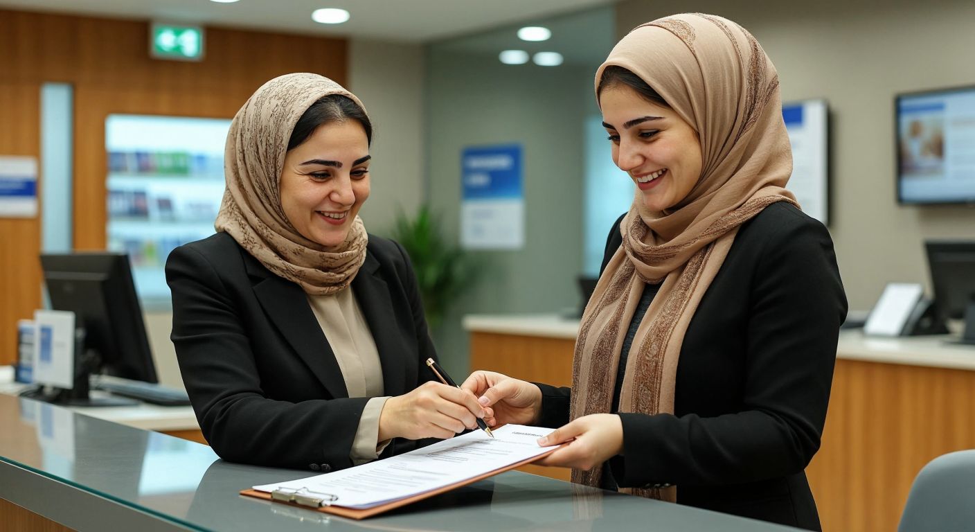 A middle-aged Turkish woman in a modern bank branch, wearing a headscarf and a warm smile, hands a signed document to a professional banker behind a sleek counter, with a computer screen discreetly visible in the background.