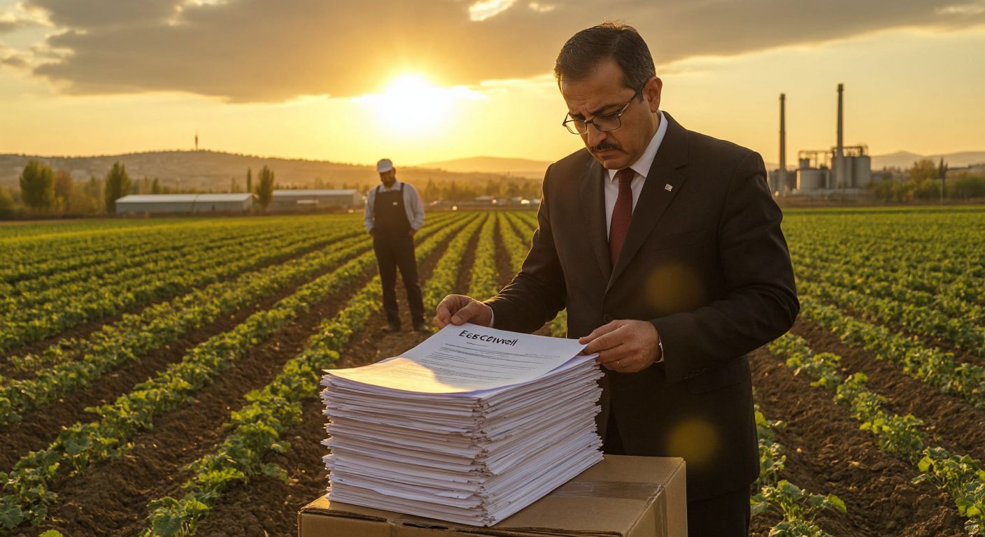 A solemn government official in Ankara reviews a stack of documents labeled "E-Cetveli" while farmers in sunlit fields and factory workers in industrial zones reflect the budget allocations described.