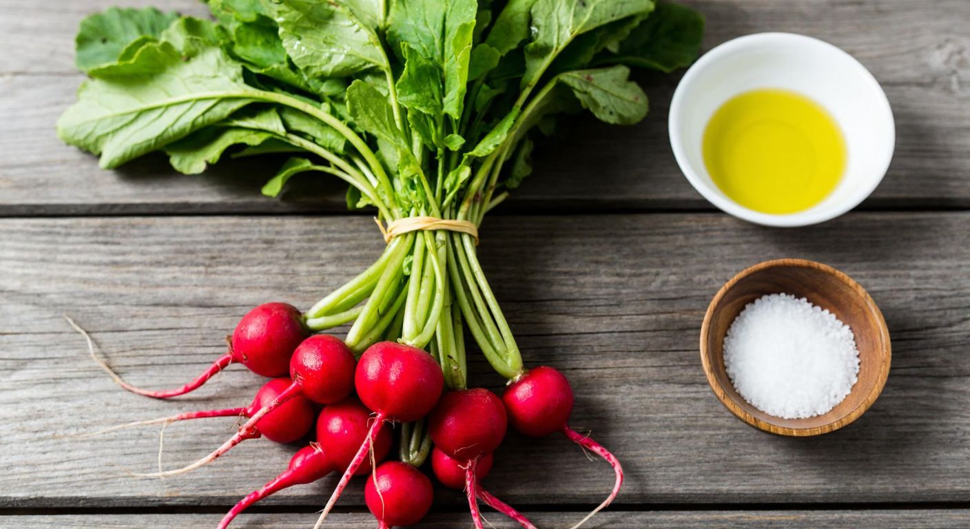 A rustic wooden table in a Turkish kitchen holds a bunch of fresh radishes with vibrant green leaves and bright red roots, next to a small bowl of olive oil and a sprinkle of salt.