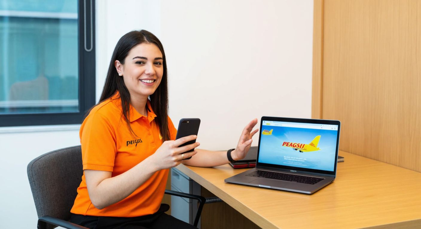 A smiling Turkish woman in a bright orange Pegasus Airlines shirt sits at a wooden desk, holding a smartphone with the airline's app open while gesturing toward a laptop displaying the Pegasus website.
