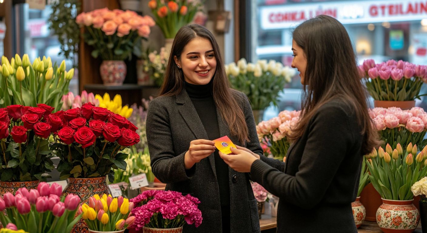 A florist in a vibrant Turkish flower shop hands a colorful business card to a smiling customer, surrounded by fresh roses, tulips, and carnations arranged in decorative vases.