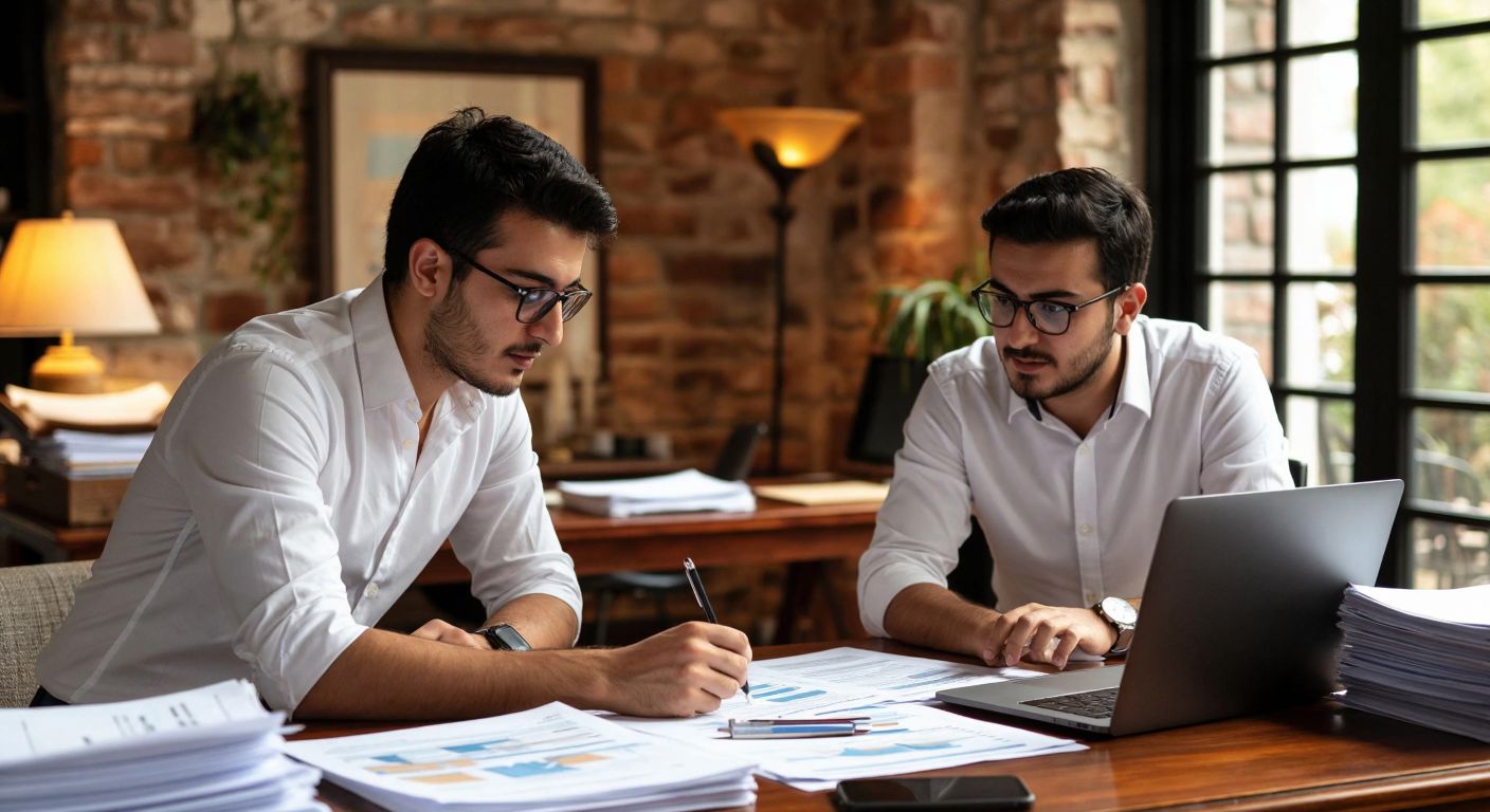 A professional Turkish accountant in a crisp white shirt and glasses reviews financial documents on a wooden desk, while a small business owner in a casual shirt observes, both surrounded by stacks of paper and a laptop in a warmly lit office.