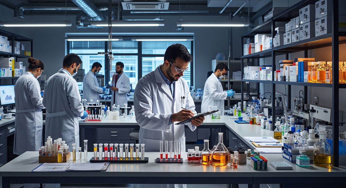 A bustling Turkish laboratory with scientists in white coats analyzing test tubes, a sleek office with professionals handling financial documents, and a vape shop displaying colorful electronic cigarette parts, all under warm lighting.