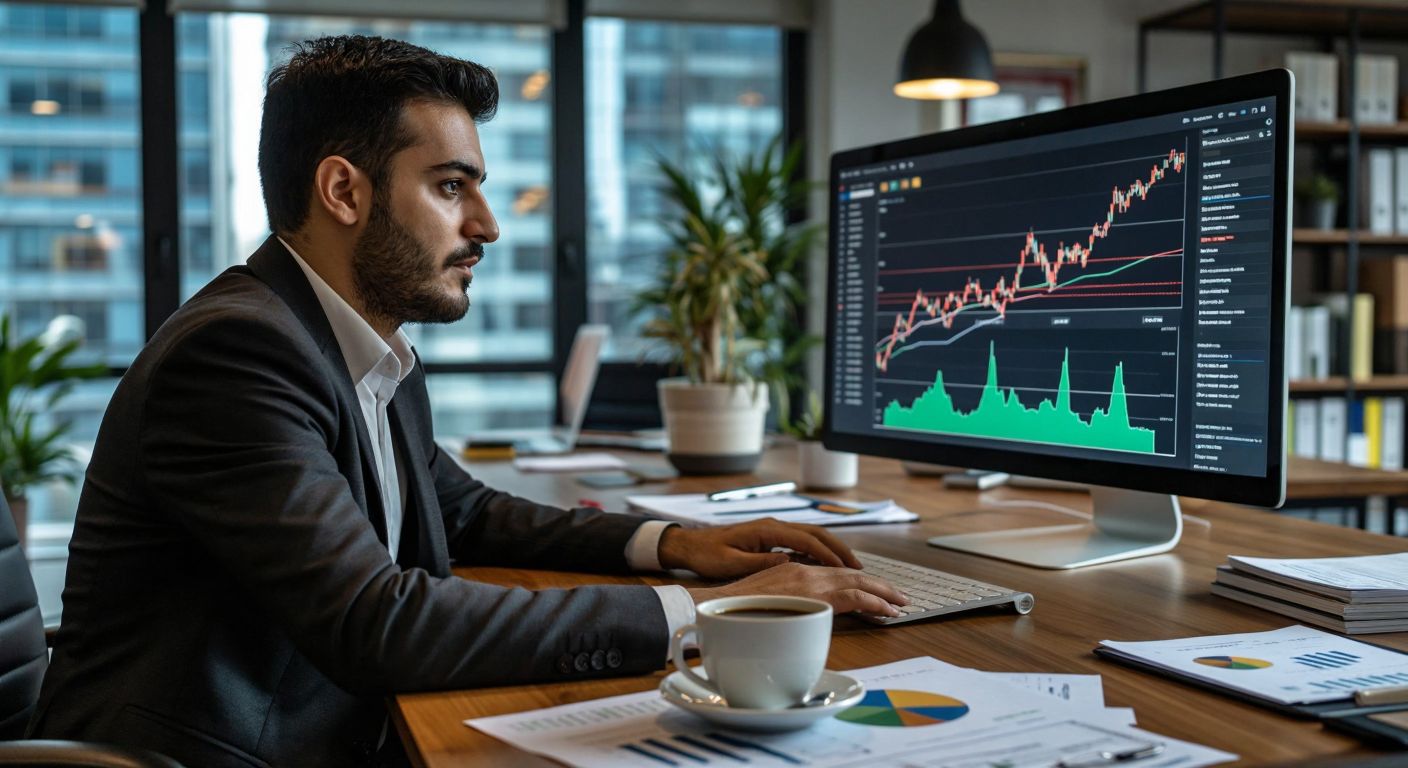 A confident Turkish investor in a modern office, studying a rising stock market graph on a sleek monitor, with a steaming cup of Turkish coffee and scattered financial reports on the desk.