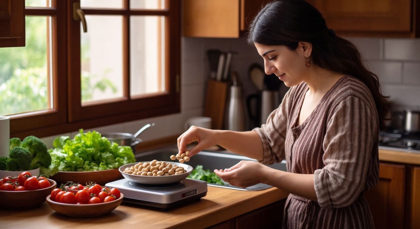 A Turkish woman in a cozy kitchen carefully measures a handful of roasted soy nuts on a small kitchen scale, with a bowl of fresh vegetables and a glass of water nearby, conveying mindful eating.