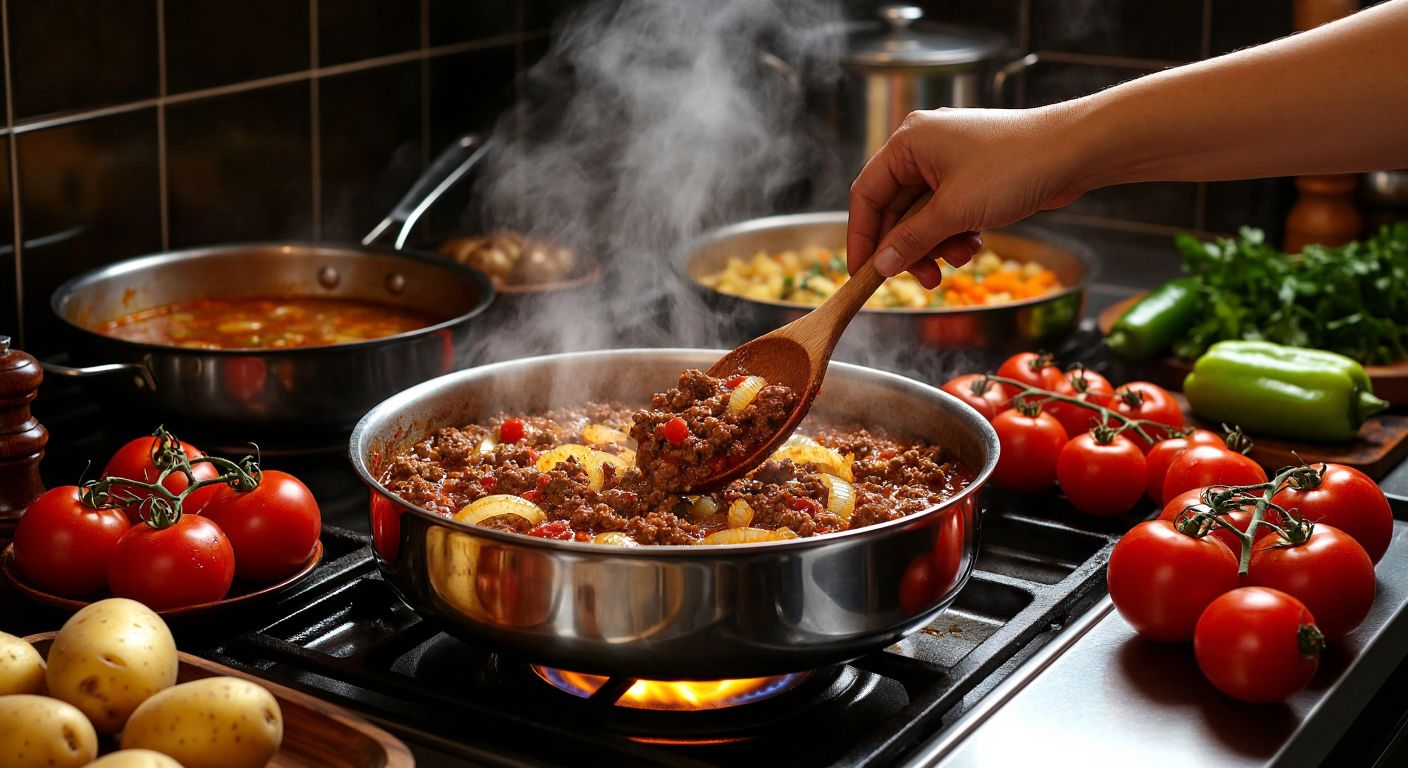 A warm Turkish kitchen with a bubbling pot on the stove, where a hand stirs a mixture of golden onions, sizzling ground meat, and vibrant spices, surrounded by fresh tomatoes, peppers, and potatoes waiting to be added.