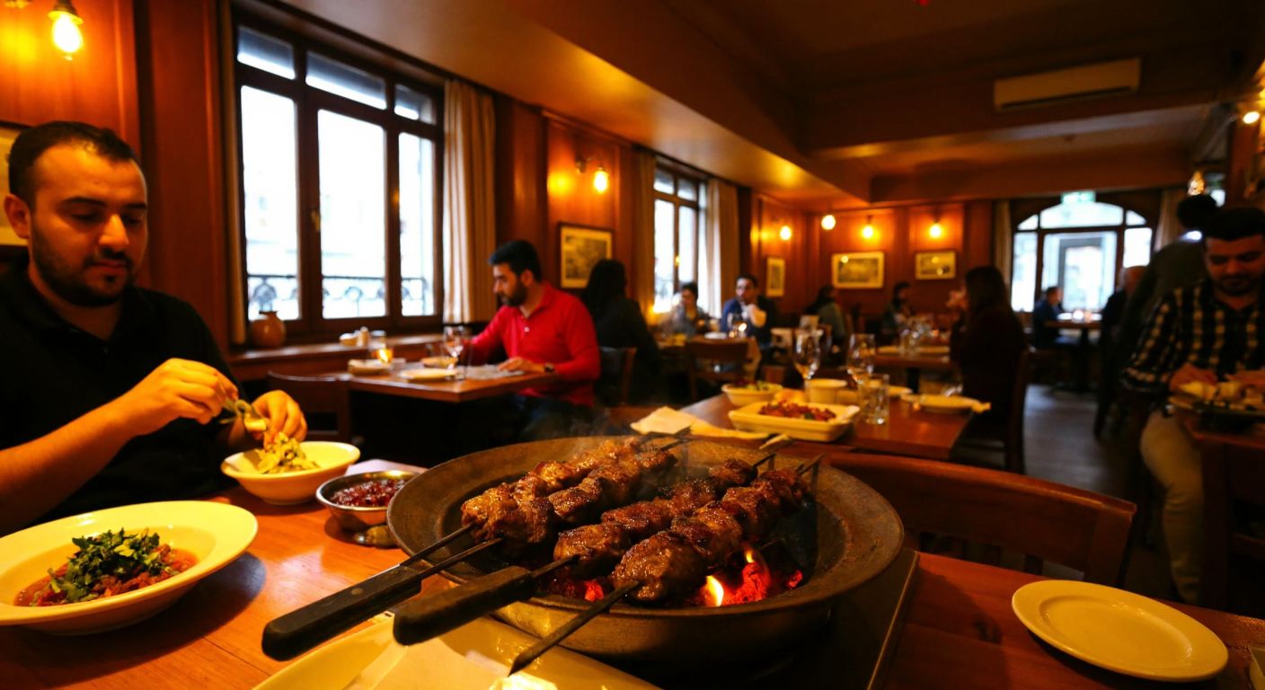 A cozy, warmly lit ocakbaşı restaurant in Beyoğlu’s Asmalı Mescit neighborhood, with sizzling skewers of grilled meat over glowing embers and patrons enjoying traditional Turkish meze at wooden tables.