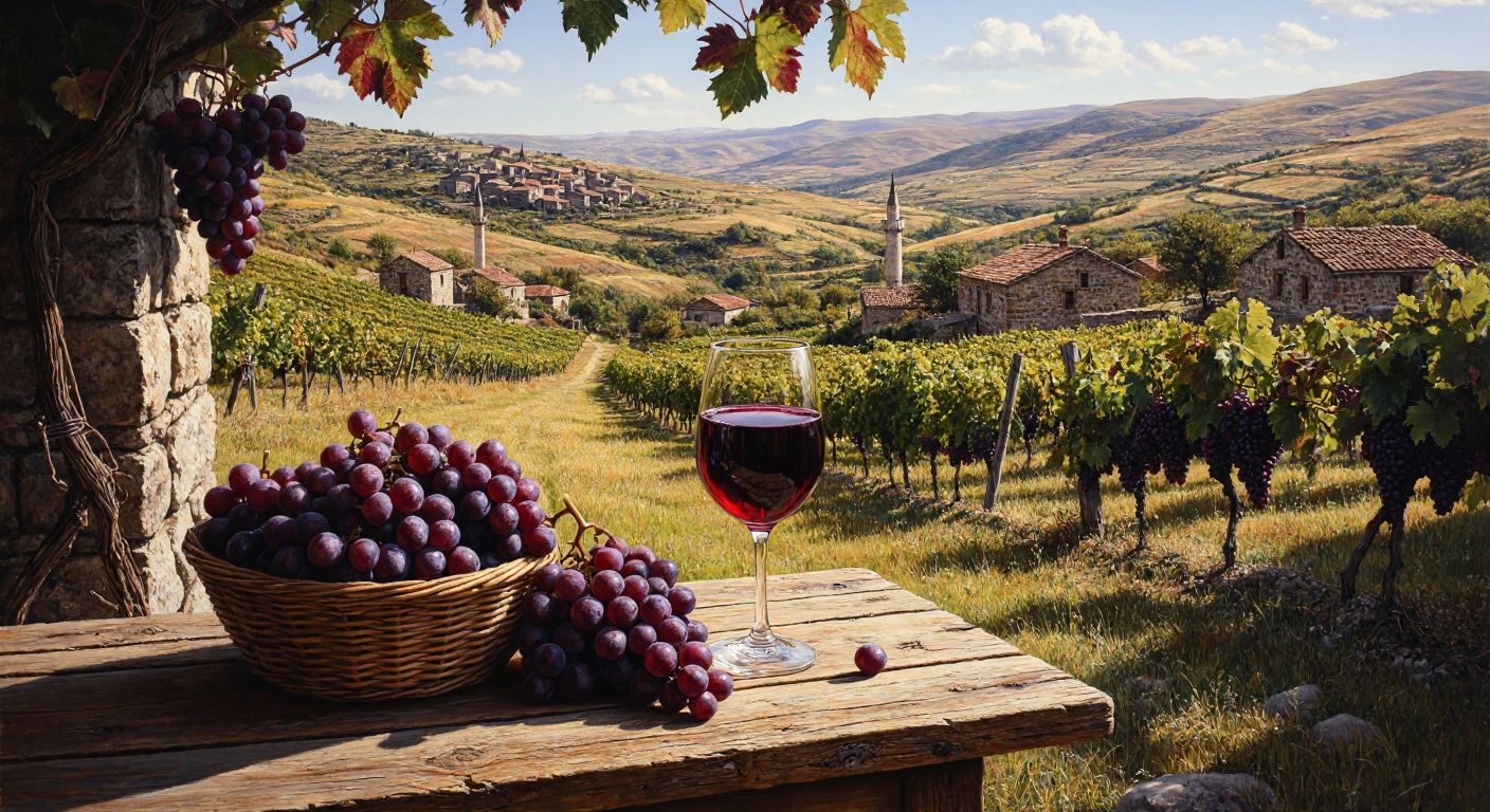 A rustic wooden table in a sunlit vineyard in Eastern Anatolia, with a deep red glass of Yakut wine beside a basket of ripe grapes, surrounded by rolling hills and traditional Turkish stone houses.