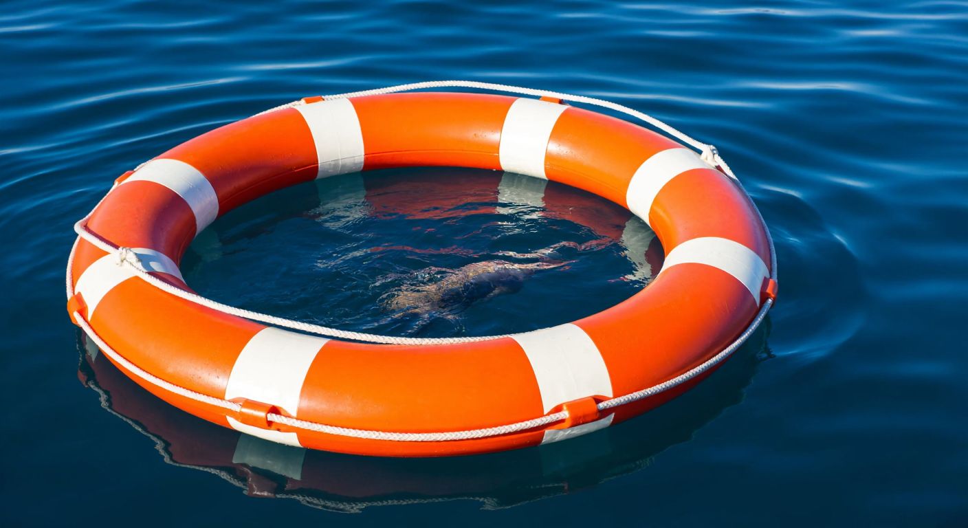 A bright orange lifebuoy floating on calm blue water, its circular shape reflecting sunlight, with a distant silhouette of a person safely holding onto it.