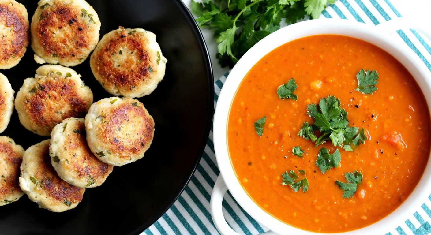 A steaming plate of golden-brown chicken köfte sits beside a bowl of vibrant red lentil soup, with fresh parsley sprinkled on top, evoking warmth and comfort in a cozy Turkish kitchen.