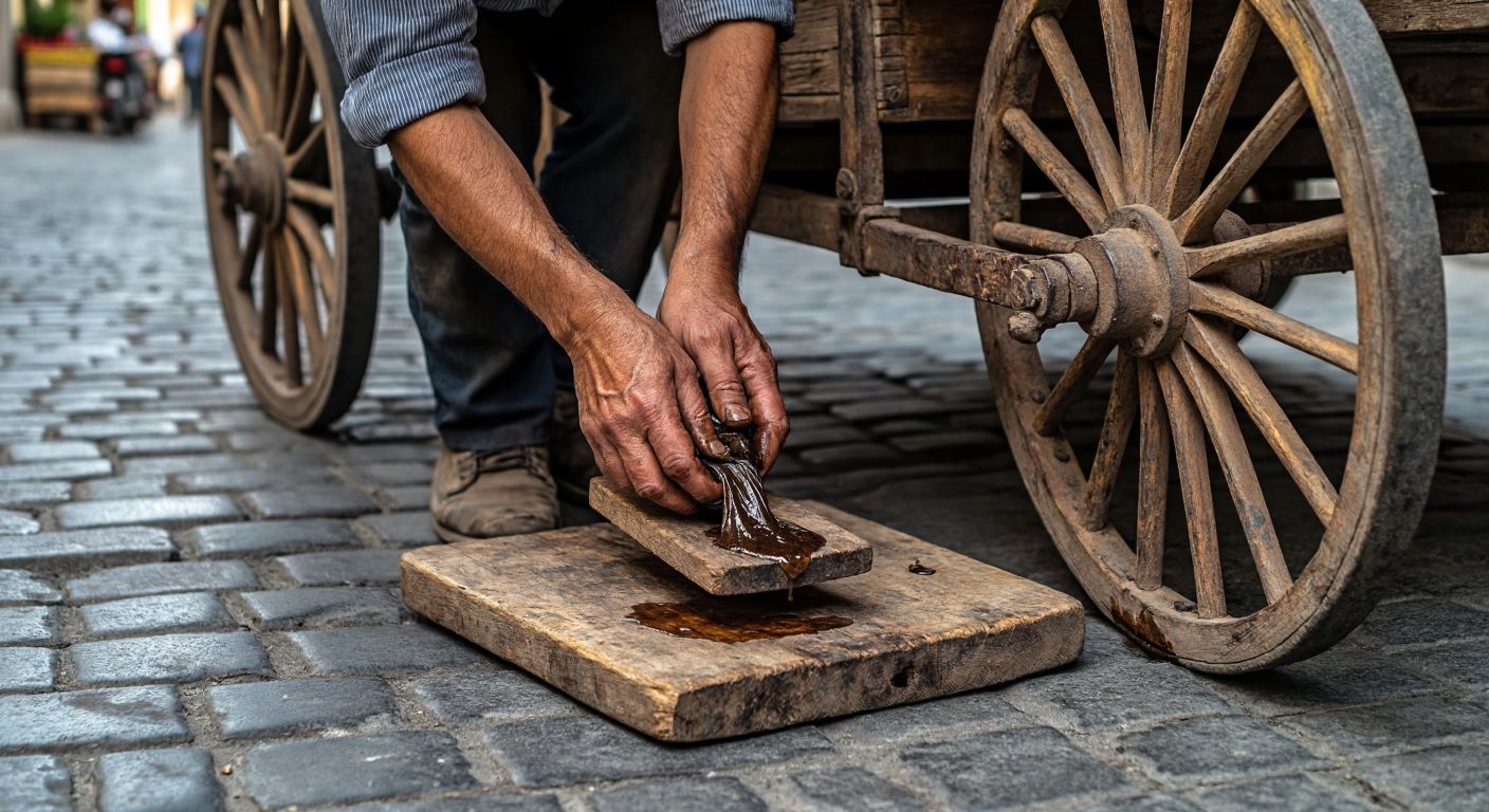 A worn wooden wedge and an oil-stained cloth lie beneath the rusty wheels of a traditional Turkish market cart on a cobblestone street, with a vendor’s calloused hands adjusting them for stability.