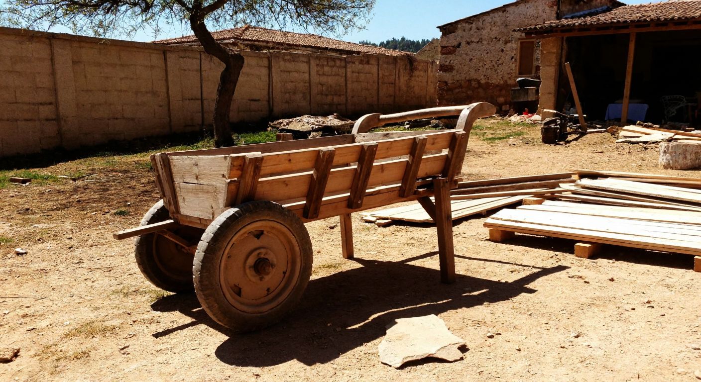 A rugged wooden handcart with large wheels sits in a sunlit Turkish countryside, surrounded by scattered tools and planks, evoking a DIY spirit.