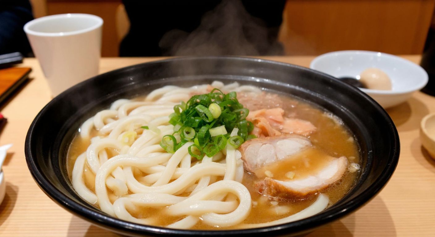 A steaming bowl of thick, white udon noodles in a savory broth, topped with green onions and slices of fish cake, placed on a wooden table in a cozy Japanese-style restaurant.