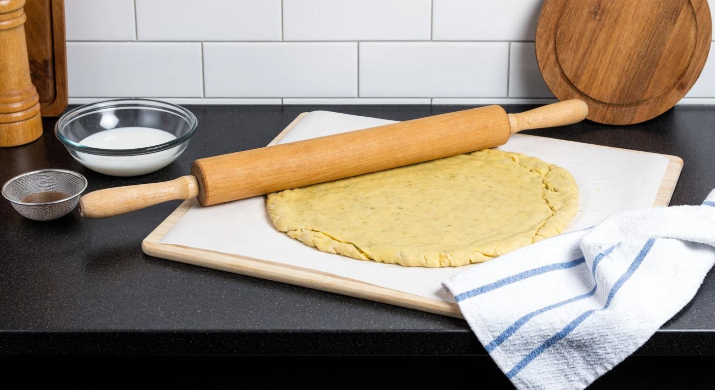 A Turkish kitchen counter with a large wooden rolling pin resting on a slightly cracked sheet of baklava dough, a bowl of water nearby, and a damp cloth draped over half of the dough to soften it.