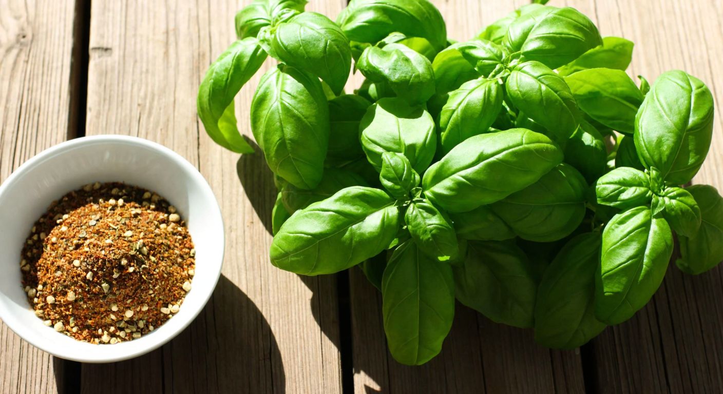 A vibrant green basil plant with fresh, aromatic leaves, placed on a rustic wooden table next to a small bowl of Turkish spices under warm sunlight.