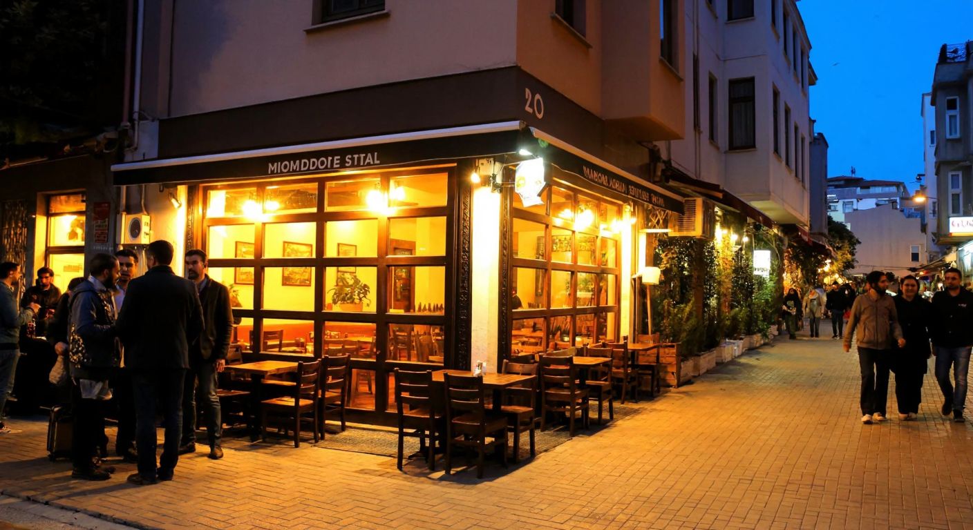 A bustling street in Istanbul's Moda district, with a small, warmly lit restaurant opening its doors for the first time in 1981, surrounded by curious locals and the aroma of freshly baked pastries.