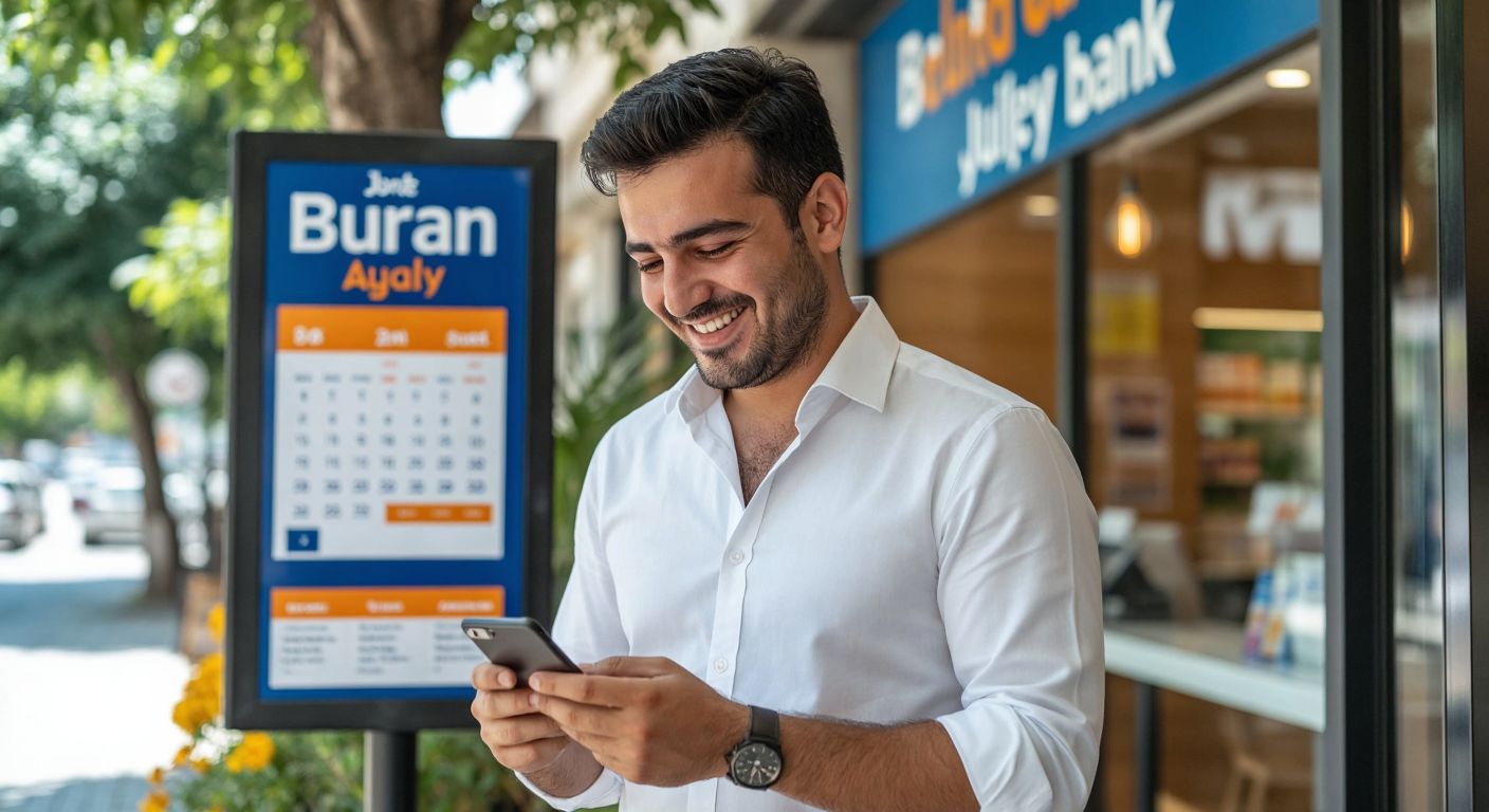 A Turkish man in a crisp white shirt smiles while checking his phone near a Burgan Bank branch, with a calendar page flipping from July to August in the background.