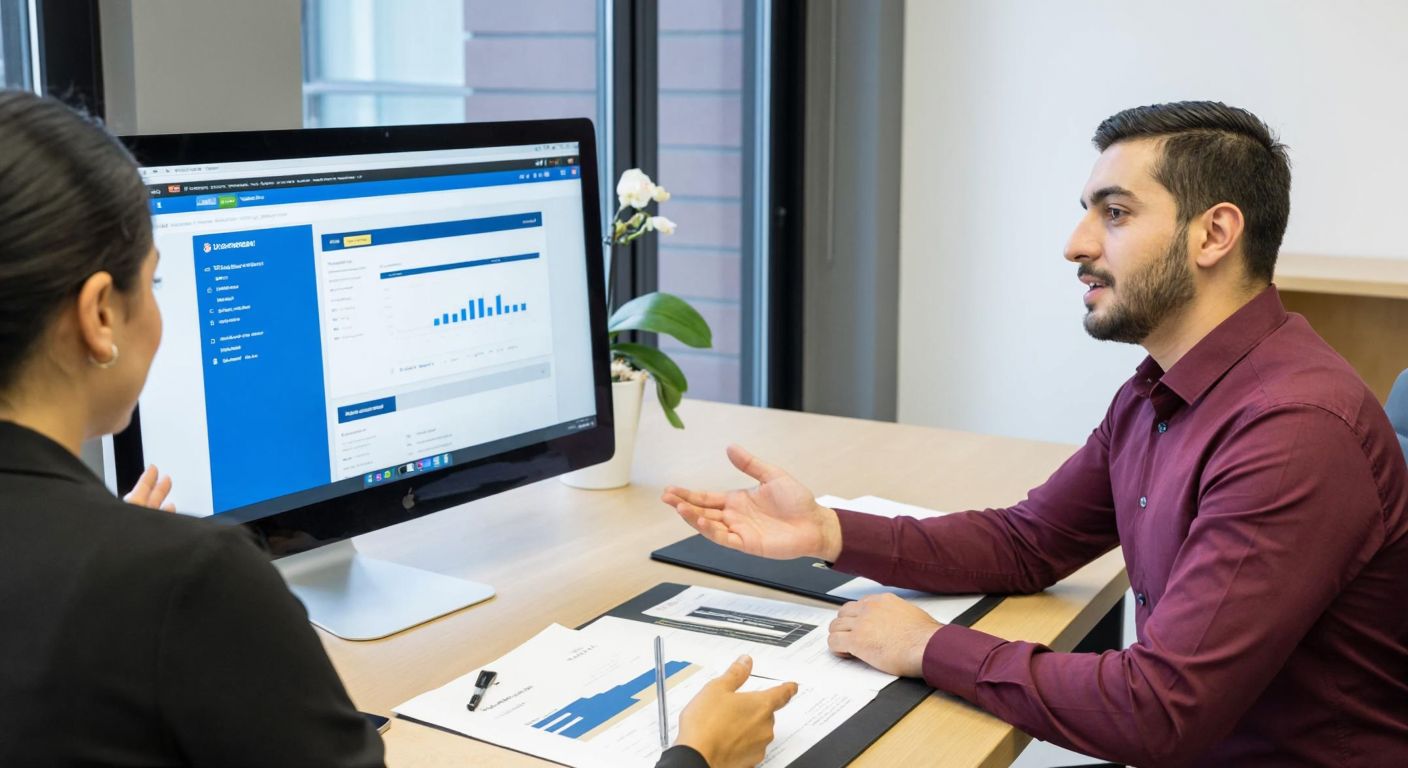A Turkish accountant in a modern office reviews digital invoices on a computer screen while a colleague gestures toward a printed financial report on the desk.