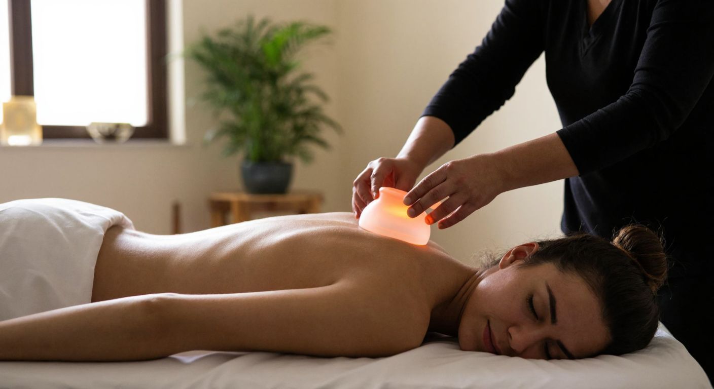 A Turkish therapist in a traditional clinic gently places a silicone cup on a patient's back, creating a warm, circular suction mark as the patient relaxes on a wooden treatment table.