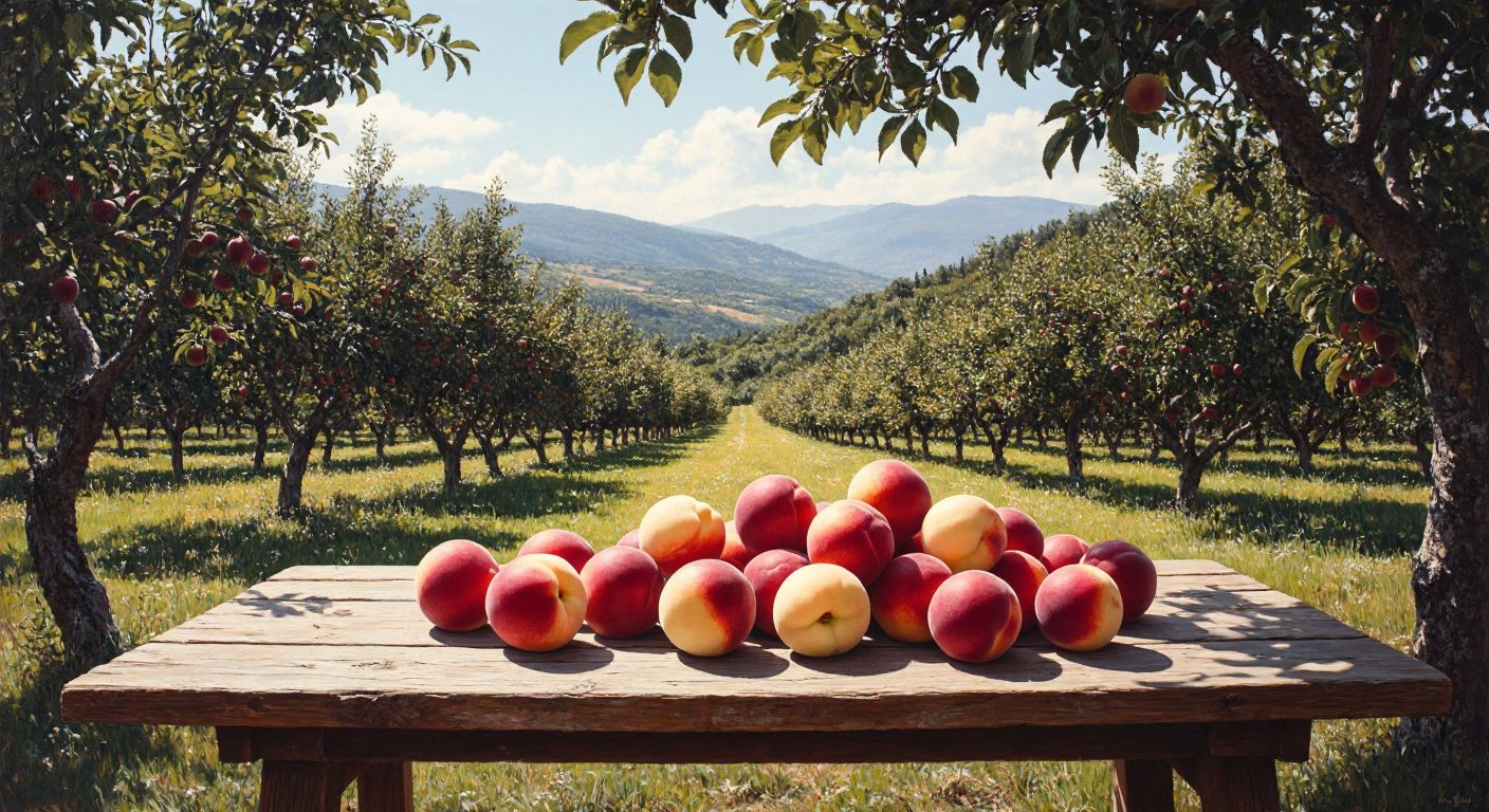 A sunlit orchard in Bayramiç, Turkey, with smooth, white nectarines resting on a rustic wooden table, their delicate aroma mingling with the fresh mountain air of Kazdağları.