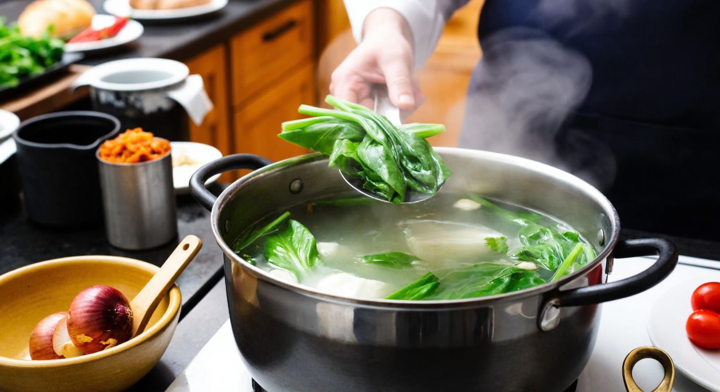A steaming pot of boiling water with fresh green vegetables briefly dipped inside, surrounded by a rustic Turkish kitchen setting and a chef’s hand holding a slotted spoon.