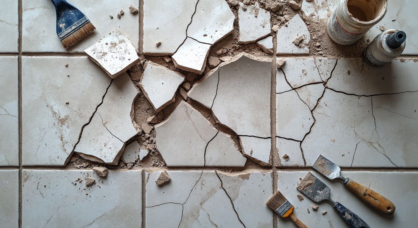 A close-up of a cracked, loose ceramic tile in a Turkish bathroom, with visible gaps and crumbling grout, surrounded by scattered tools like a trowel and adhesive container.
