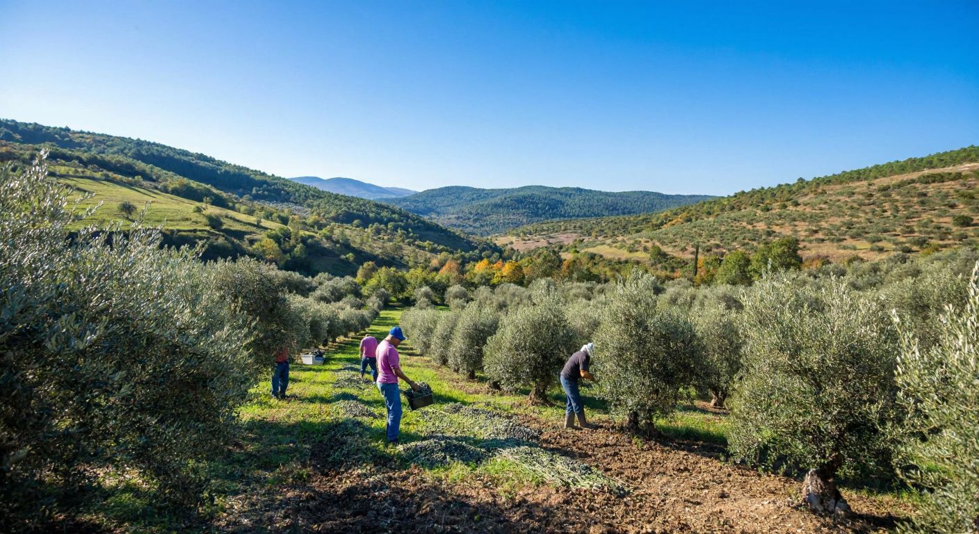 A sunlit olive grove in Bursa's Orhangazi district, with workers harvesting ripe black olives under a clear blue sky, surrounded by rolling green hills.