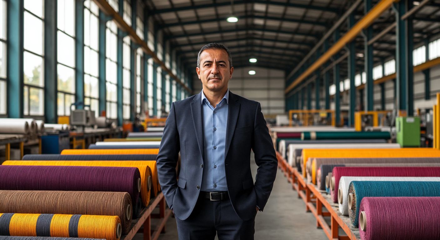 A confident middle-aged Turkish man in a crisp business suit stands proudly in front of a bustling textile factory in Bursa’s Demirtaş Industrial Zone, surrounded by vibrant rolls of woven fabric.
