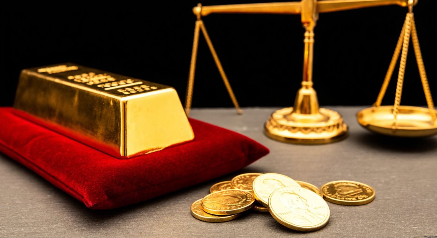 A gleaming golden ingot resting on a red velvet cushion beside a small pile of shiny gold quarter coins, with a traditional Turkish gold scale in the background.