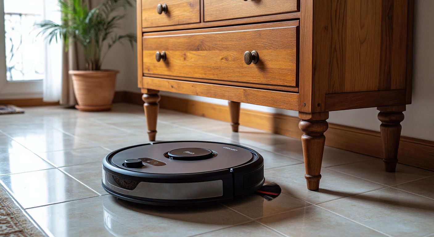 A wooden dresser with four sturdy legs, each about 10 cm high, standing on a tiled floor in a Turkish home, with a robotic vacuum cleaner sliding underneath it.