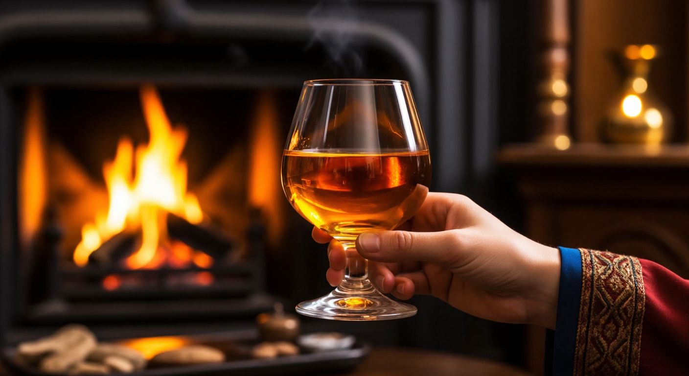 A warm, amber-colored brandy swirls in a short, round-bottomed balloon glass held by a relaxed hand near a cozy fireplace in a traditional Turkish setting.