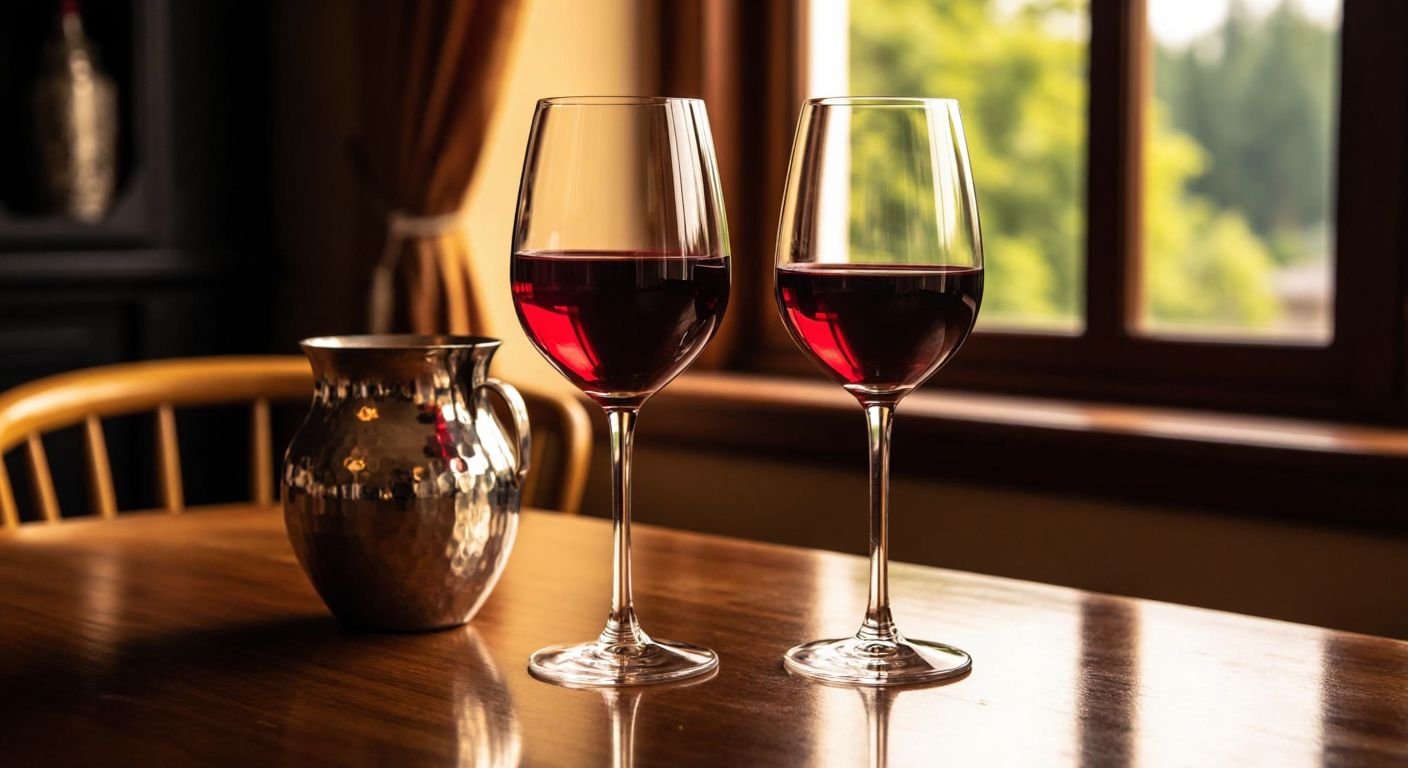 A polished wooden table in a cozy Turkish home setting holds two elegant wine glasses—one tall and slender (780 cc) filled with deep red wine, and another shorter, sturdy glass (260 cc) half-full, reflecting warm ambient light.