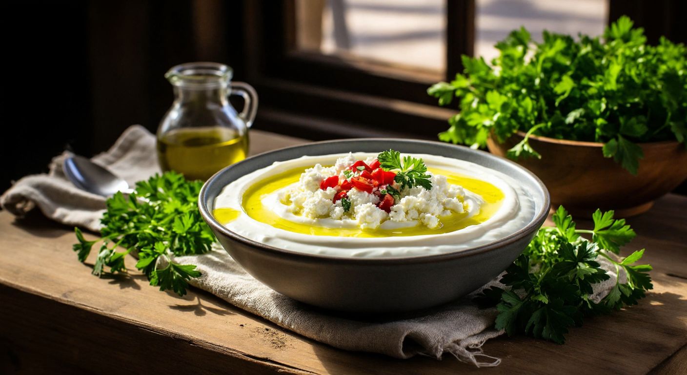 A rustic wooden table in a sunlit Turkish kitchen holds a bowl of creamy yogurt topped with crumbled white lor cheese, surrounded by fresh herbs and a drizzle of golden olive oil, evoking health and nourishment.