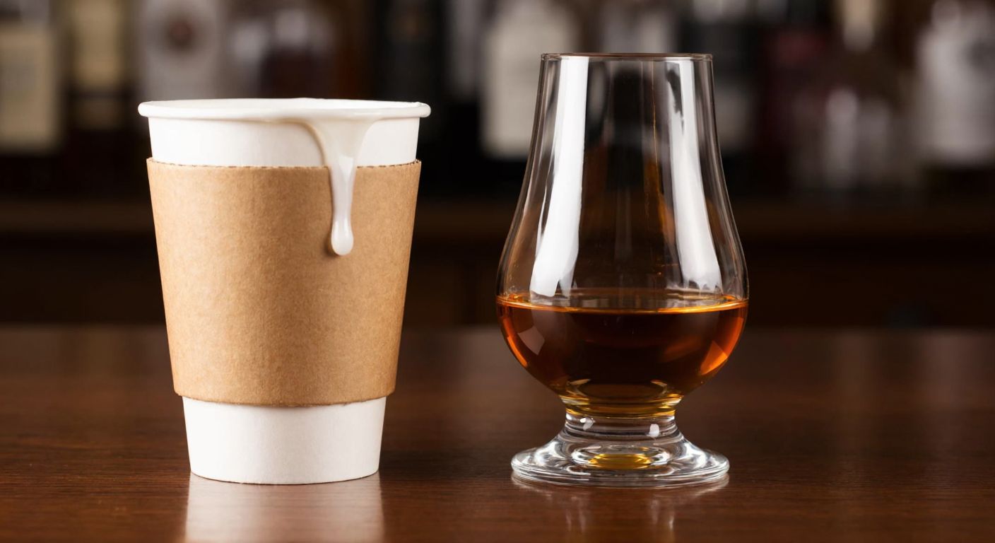 A soggy cardboard cup with whiskey seeping through its sides, contrasted with a sleek Glencairn glass filled with amber whiskey on a wooden table.