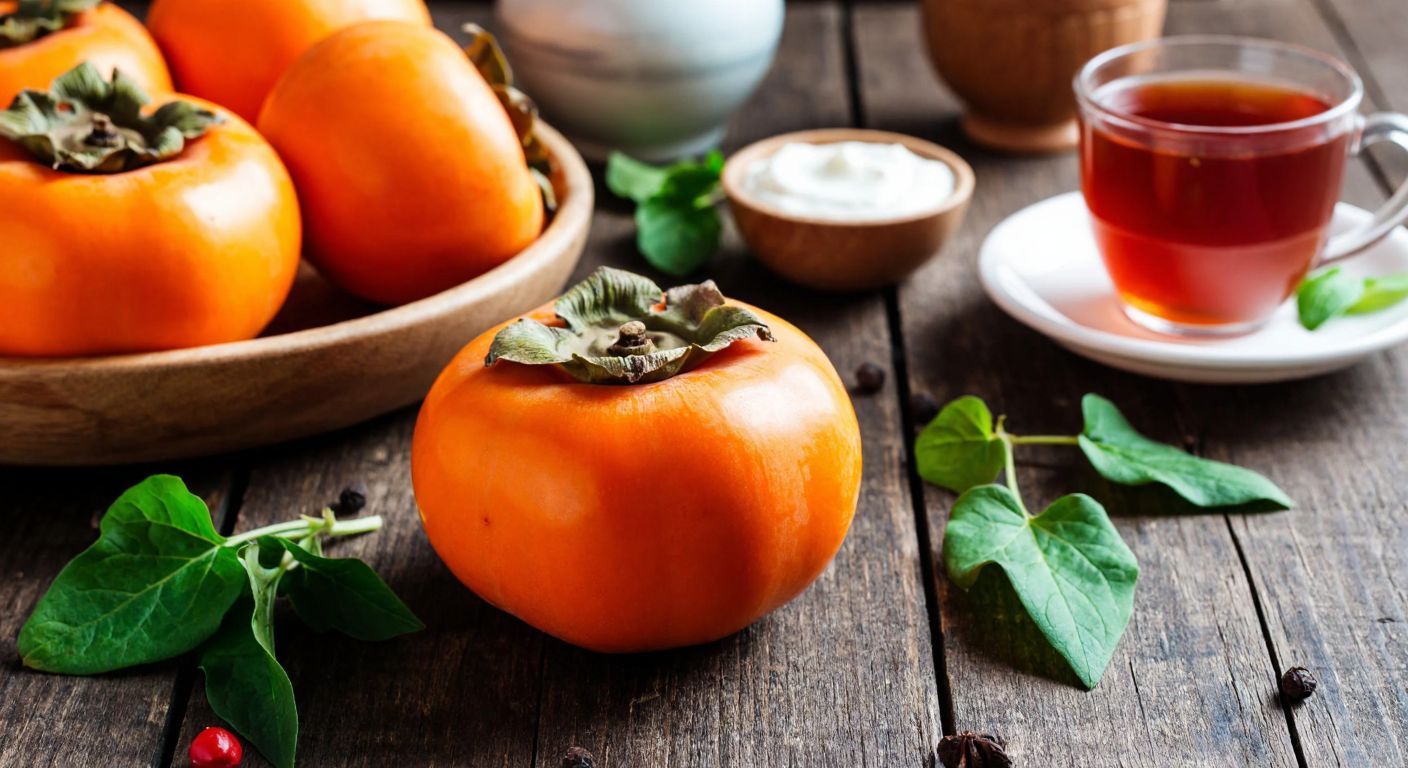 A vibrant orange **Trabzon hurması (persimmon)** sits on a rustic wooden table surrounded by fresh ingredients like leafy greens, a bowl of yogurt, and a steaming cup of herbal tea, evoking health and traditional Turkish cuisine.