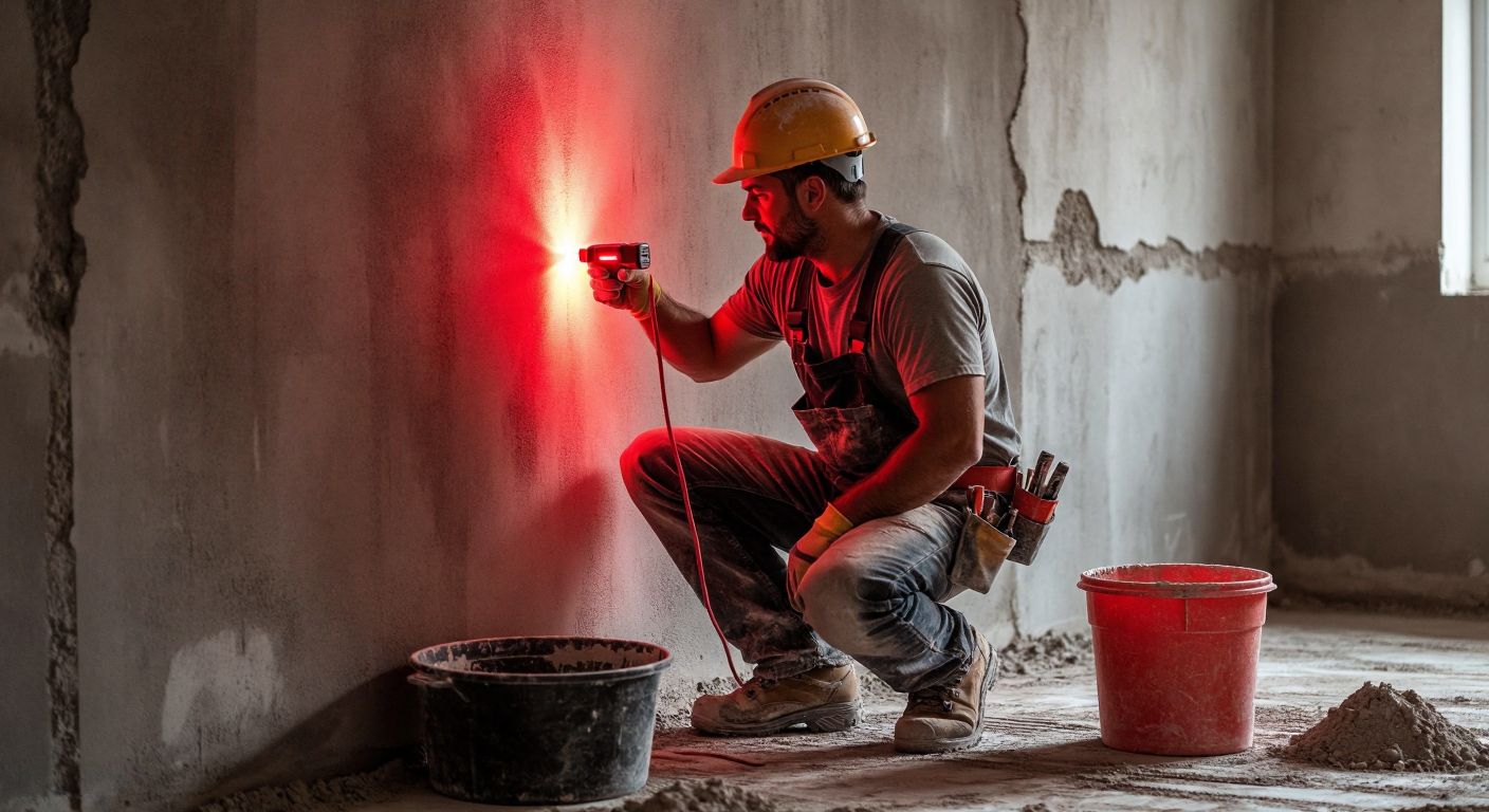 A construction worker in a dusty worksite, wearing a hard hat and holding a bright red laser level against a freshly plastered wall, with a traditional Turkish trowel and bucket of mortar nearby.