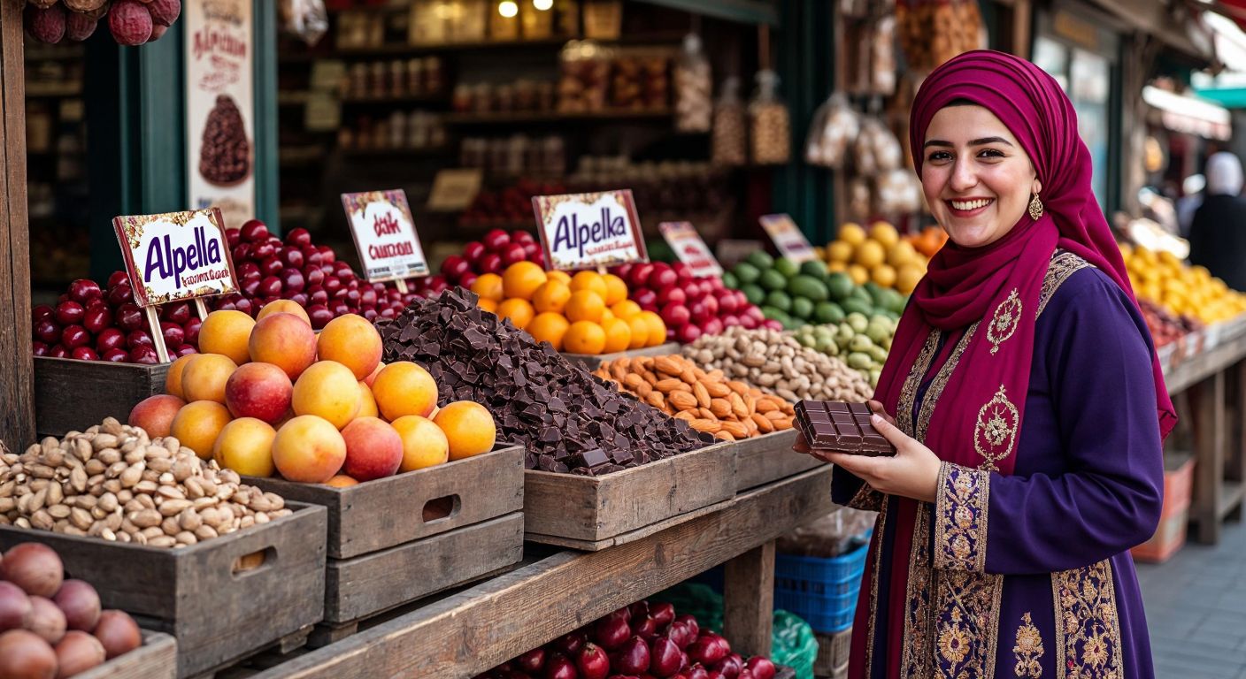 A vibrant Turkish marketplace scene with two distinct chocolate bars—one labeled Alpella and the other Ülker—placed side by side on a wooden stall, surrounded by colorful fruits and nuts, with a vendor in traditional attire smiling warmly.