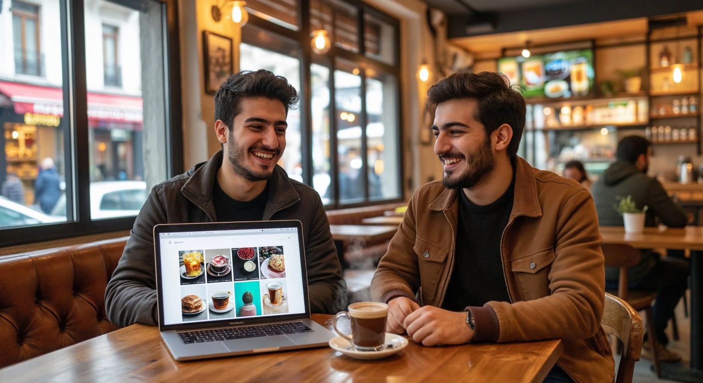 A young Turkish entrepreneur in a cozy Istanbul café smiles while showing a laptop screen displaying colorful product images to an interested friend, with a steaming cup of Turkish coffee between them.