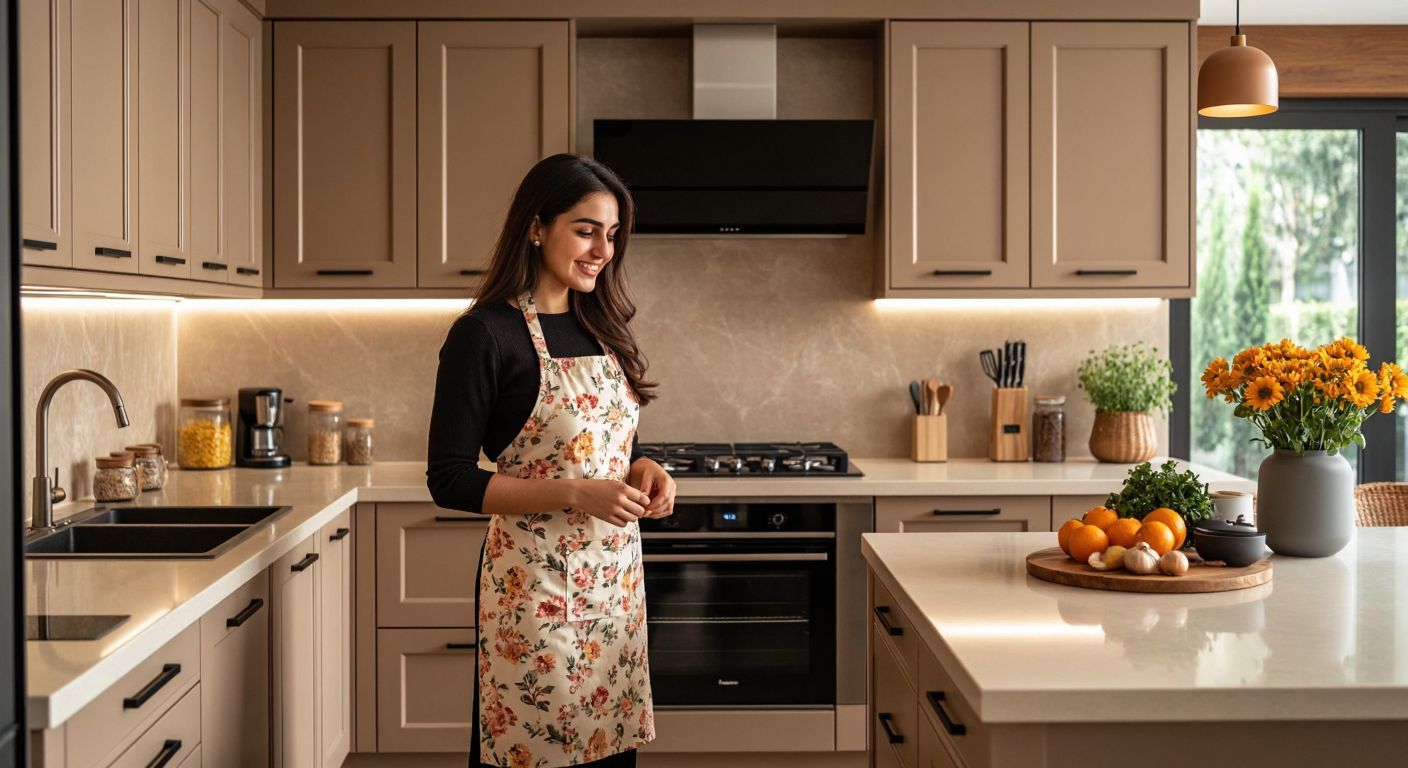 A modern Turkish kitchen with sleek MDF cabinets in a warm beige finish, featuring smooth surfaces and intricate detailing, while a woman in a floral apron inspects their durability with a satisfied smile.
