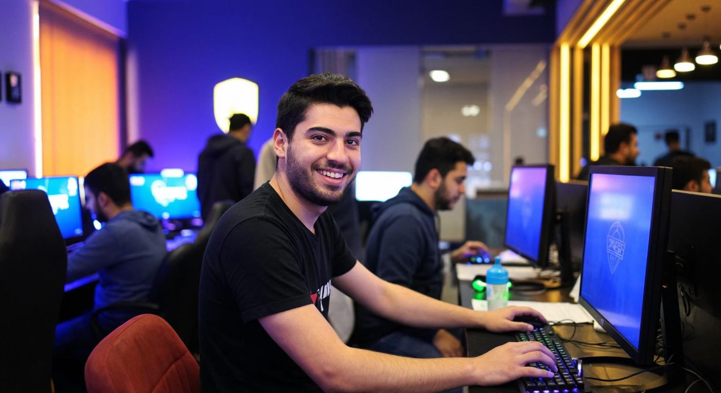 A bustling internet cafe in Esenyurt with a young Turkish man, Emre Filiz, smiling behind a counter surrounded by glowing monitors and customers gaming or browsing.